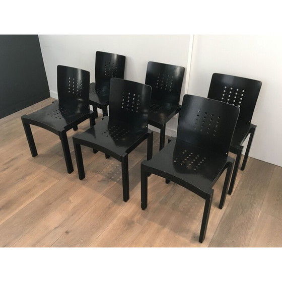 Image 1 of Set van 6 Vintage Zwart Gelakte Houten Stoelen,1993
