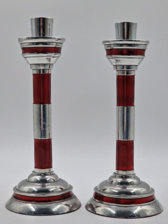 Image 1 of Koppel industriële vintage kandelaars in de vorm van een vuurtoren