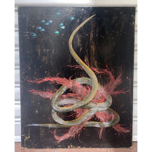 Oude olieverf op isorel "Compositie" door Pierre Piget