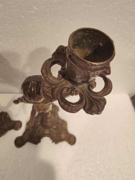 Image 1 of Vintage Massief Bronzen Jongen Kandelaar Set Van Twee