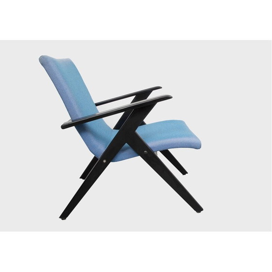 Image 1 of Vintage fauteuil in zwart hout en blauwe stof - jaren 1950