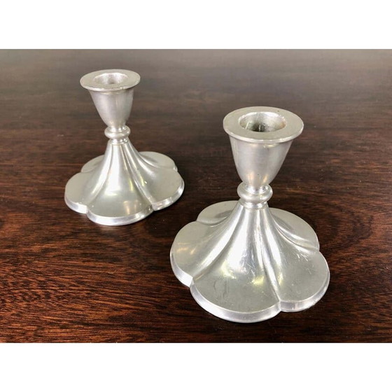 Image 1 of Paar vintage art deco tinnen kandelaars van Just Andersen, Denemarken 1930