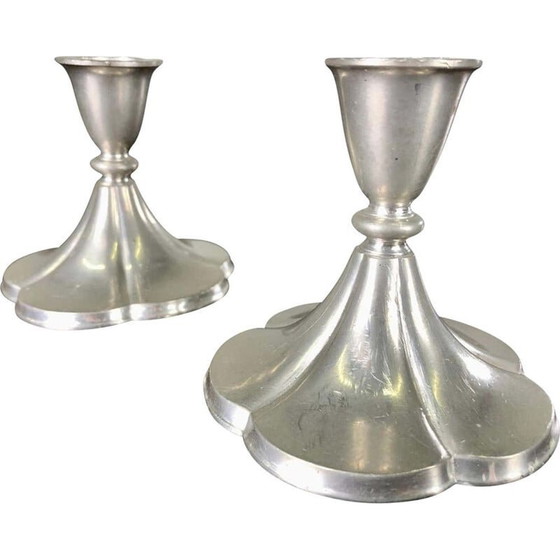 Image 1 of Paar vintage art deco tinnen kandelaars van Just Andersen, Denemarken 1930