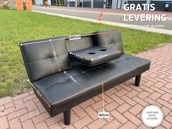 Image 1 of 3 In 1 Zwart Lederen Verstelbare Futon Sofa + Bed + Tafel