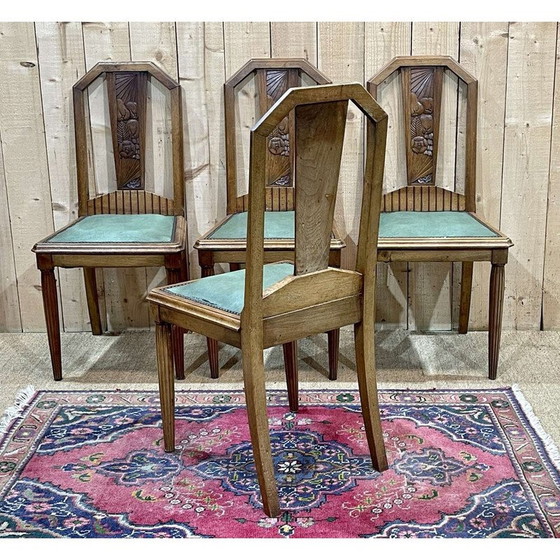 Image 1 of Set van 4 vintage Art Deco stoelen van walnoot en skai zitting, 1930