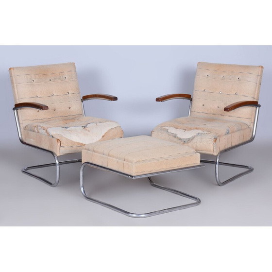 Image 1 of Paar vintage Bauhaus fauteuils met chroomstaal en beukenhouten krukjes, Tsjecho-Slowakije 1920