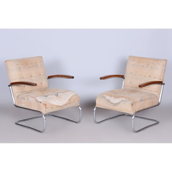 Image 1 of Paar vintage Bauhaus fauteuils met chroomstaal en beukenhouten krukjes, Tsjecho-Slowakije 1920