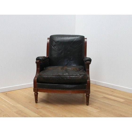 Image 1 of Vintage Louis XVI fauteuils in gelakt hout en zwart leer