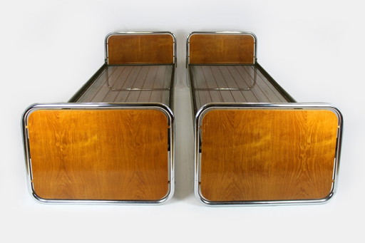 2x Vintage Bauhaus Eiken & Stalen Bedden