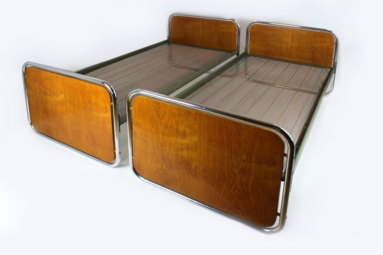 Image 1 of 2x Vintage Bauhaus Eiken & Stalen Bedden