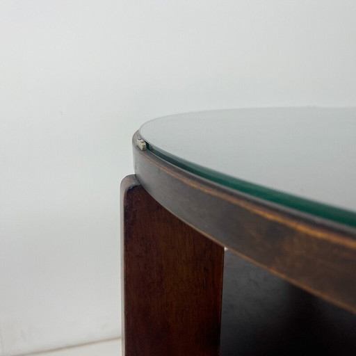 Vintage ronde salontafel van hout en glas, Tsjecho-Slowakije 1940