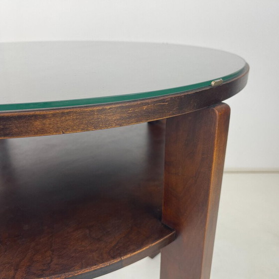 Image 1 of Vintage ronde salontafel van hout en glas, Tsjecho-Slowakije 1940