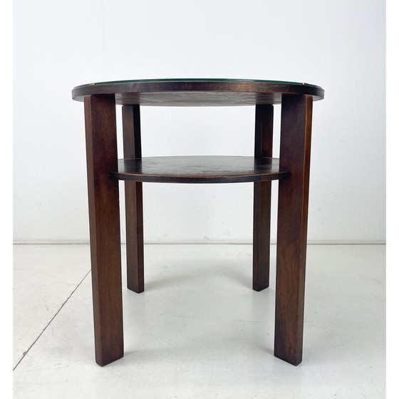 Image 1 of Vintage ronde salontafel van hout en glas, Tsjecho-Slowakije 1940