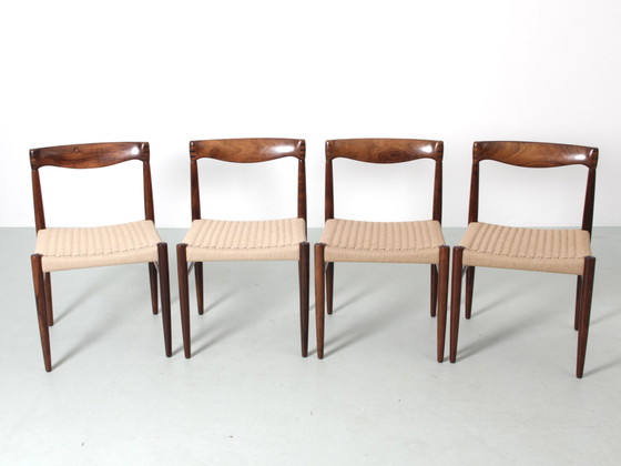 Image 1 of Suite van 4 Scandinavische Rio Rozenhouten Stoelen Door H. W. Klein