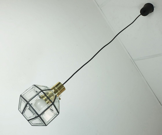 Image 1 of glashuette limburgse hanglamp helder glazen kap en messing jaren 1960 70