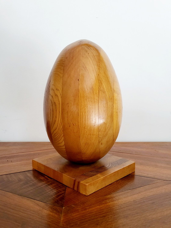 Image 1 of Houten Ei  Of Wooden Egg Op Statief, Handgemaakt, Vol Hout, Frankrijk