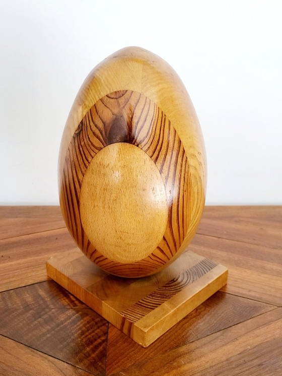 Image 1 of Houten Ei  Of Wooden Egg Op Statief, Handgemaakt, Vol Hout, Frankrijk