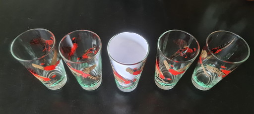 5X Vintage Hazel Atlas Fazant Drinkglazen