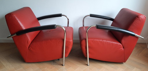 2x Leolux rode Scylla lederen stoelen