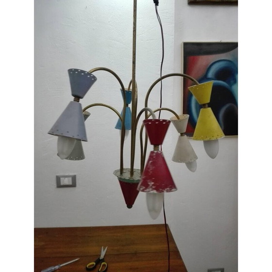 Image 1 of Zes-lichts vintage kroonluchter van messing en aluminium, Stilnovo, 1950