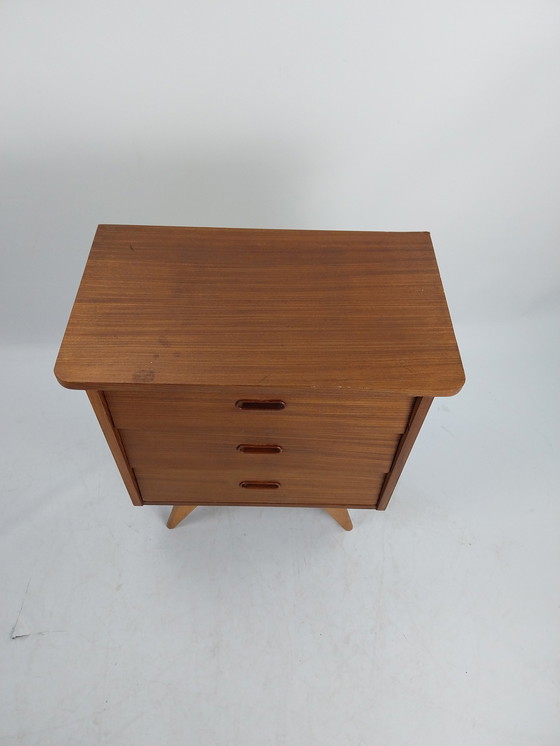 Image 1 of Midcenturymodern danish design teak fineer chest of drawers.  3 drawers 1960s. 