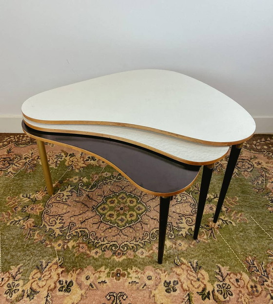 Image 1 of 3x Vintage waaiervormige nesting bijzettafel