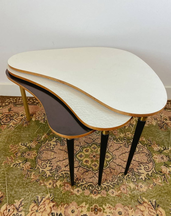 Image 1 of 3x Vintage waaiervormige nesting bijzettafel