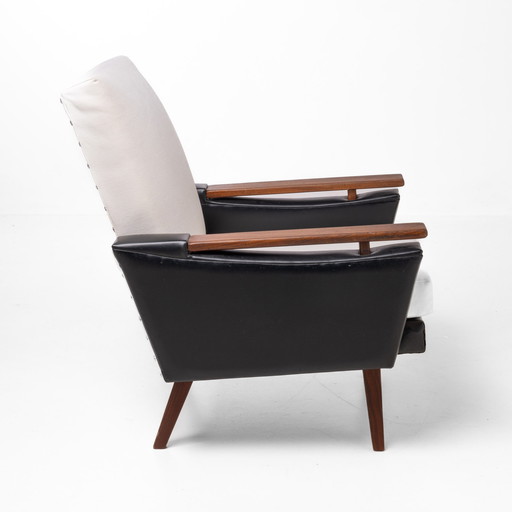 VINTAGE FAUTEUIL, NIEUW BEKLEED EN ORIGINEEL SKAI-LEER, UIT DE JAREN '50