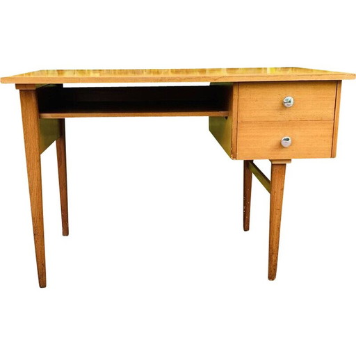 Vintage honingkleurig bureau met 2 laden