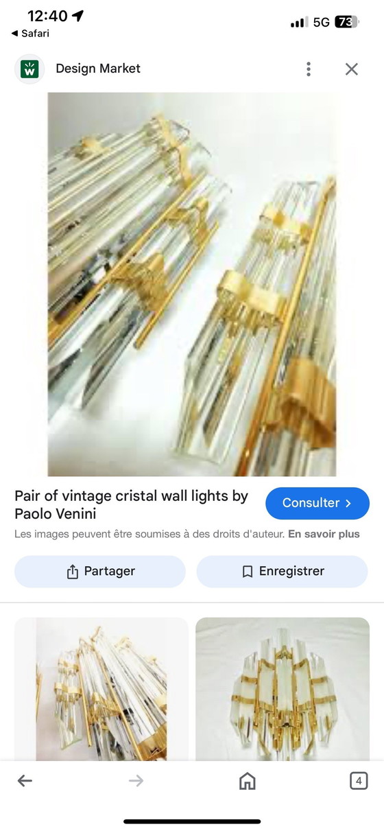 Image 1 of Venini Stijl Wandlamp Paar Glazen Kristal Murano, Italië 1980