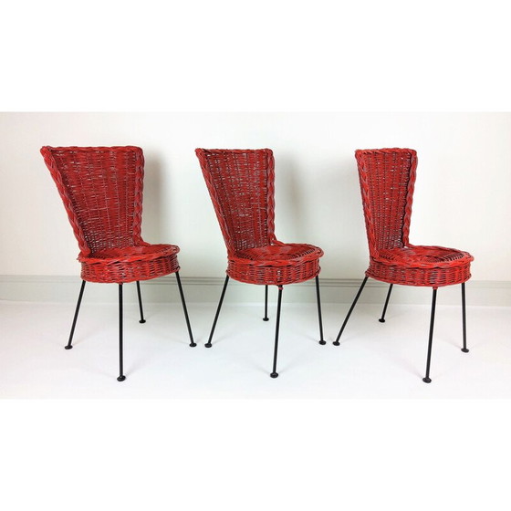 Image 1 of Set van 3 vintage geweven rotan en metalen stoelen, 1950