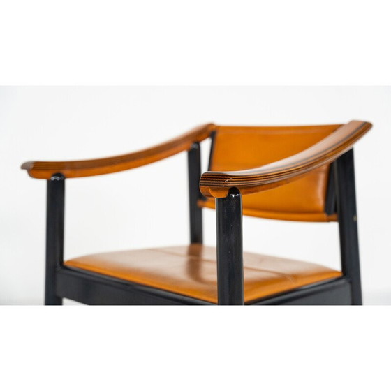 Image 1 of Set van 4 vintage fauteuils in hout en leer, Italië 1960