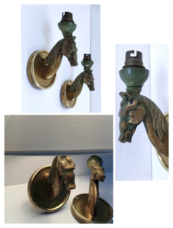 Image 1 of Paar Bronzen Antieke Paarden Wandlampen