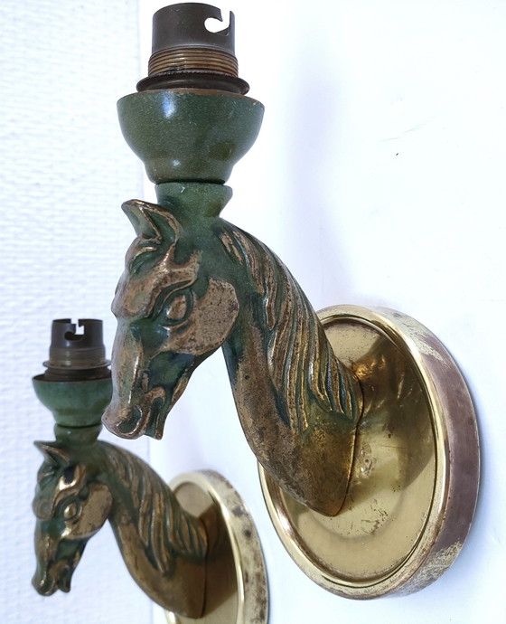 Image 1 of Paar Bronzen Antieke Paarden Wandlampen