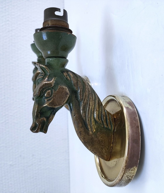 Image 1 of Paar Bronzen Antieke Paarden Wandlampen