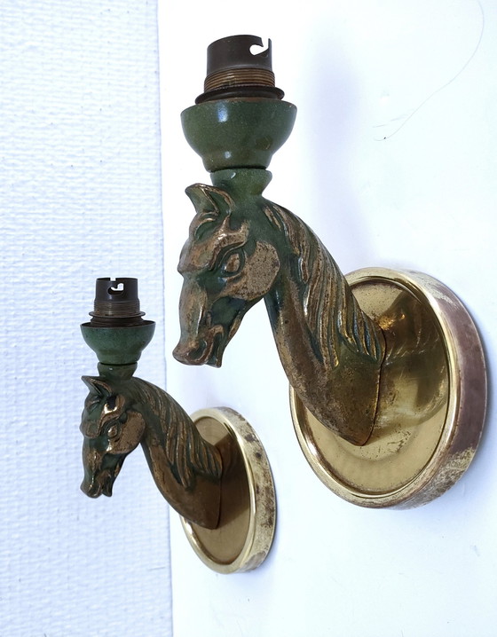 Image 1 of Paar Bronzen Antieke Paarden Wandlampen