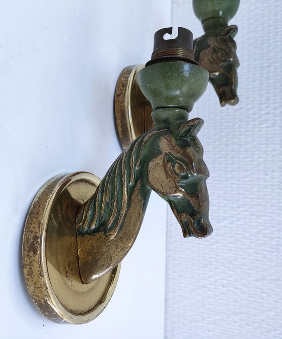 Image 1 of Paar Bronzen Antieke Paarden Wandlampen