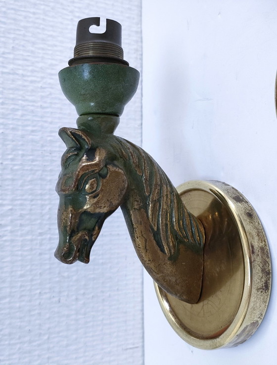 Image 1 of Paar Bronzen Antieke Paarden Wandlampen