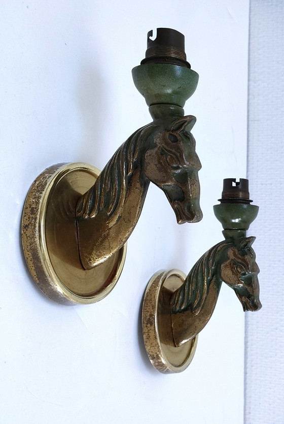 Image 1 of Paar Bronzen Antieke Paarden Wandlampen