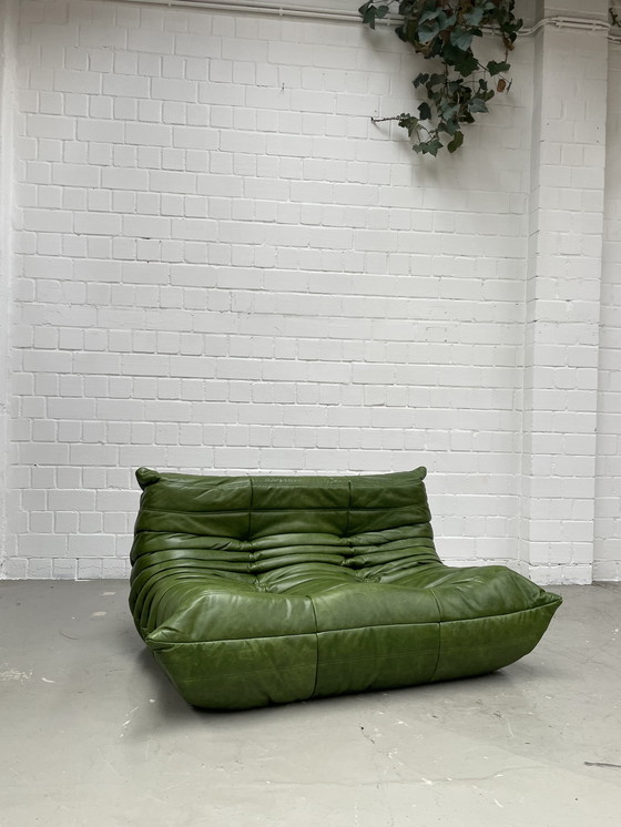 Image 1 of Ligne Roset Togo Vintage Groen Leer 2 Zits Sofa