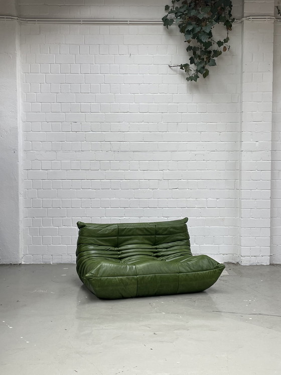 Image 1 of Ligne Roset Togo Vintage Groen Leer 2 Zits Sofa