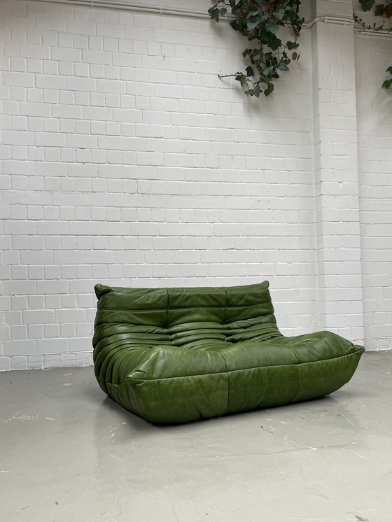 Image 1 of Ligne Roset Togo Vintage Groen Leer 2 Zits Sofa