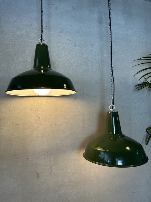 2X Vintage Xl Emaille Lampen - Groen