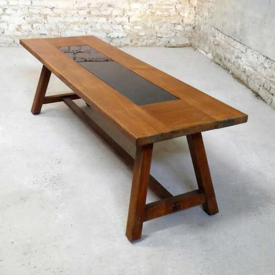 Image 1 of Vintage eiken salontafel met zwart glas, 1970