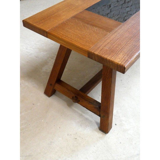 Image 1 of Vintage eiken salontafel met zwart glas, 1970