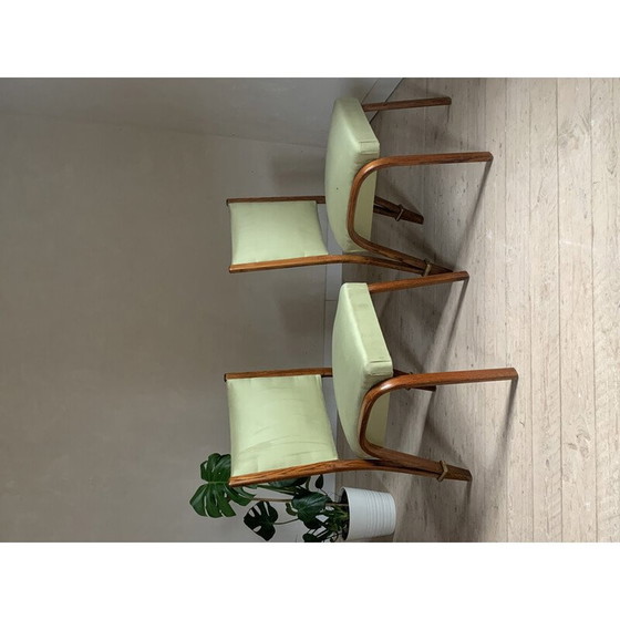 Image 1 of Paar vintage Steiner stoelen in gebogen essenhout en imitatieleer van Wilhem von Bode voor Hugues Steiner, Frankrijk 1948