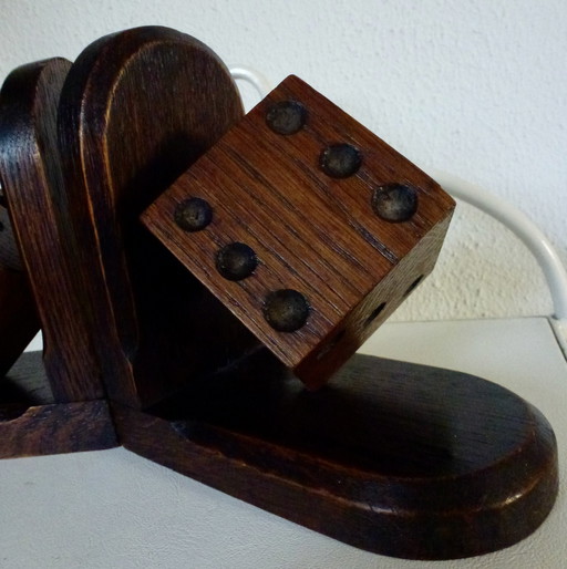 Vintage Boekensteunen (2) - Hout, Met Een Dobbelsteen