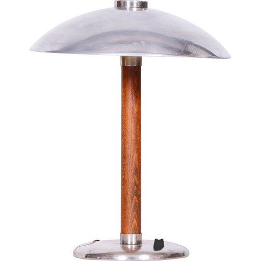 Vintage Art Deco tafellamp van chroomstaal en hout, Tsjecho-Slowakije 1930