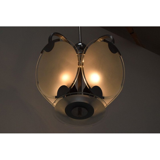 Image 1 of Vintage art deco kroonluchter van glas en chroom, Tsjecho-Slowakije 1930