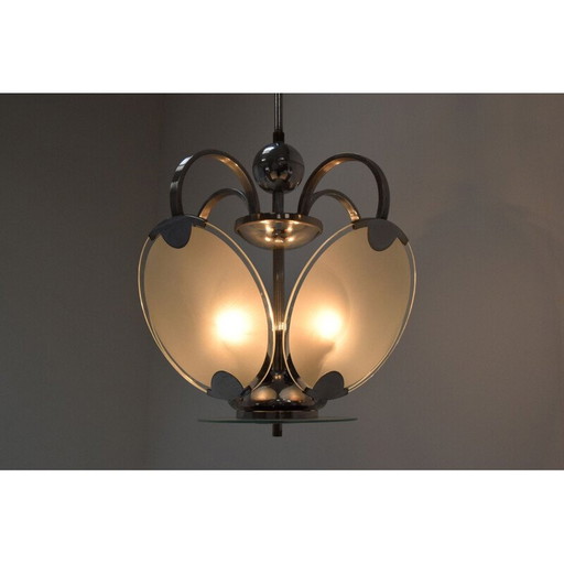 Vintage art deco kroonluchter van glas en chroom, Tsjecho-Slowakije 1930
